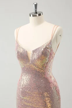 Sparkly Blush Esparguete Correias Apertado Curto Homecoming Dress com Renda-Up Back