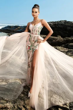 Sparkly Blush Esparguete Correias Sereia Vestido de Noite com Cabo
