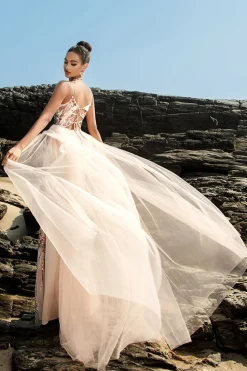 Sparkly Blush Esparguete Correias Sereia Vestido de Noite com Cabo