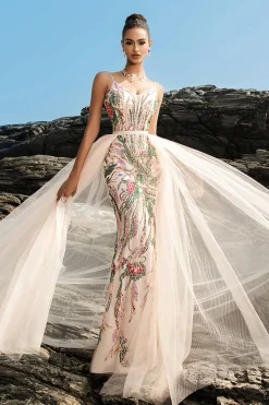 Sparkly Blush Esparguete Correias Sereia Vestido de Noite com Cabo