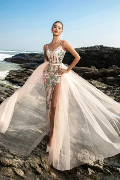 Sparkly Blush Esparguete Correias Sereia Vestido de Noite com Cabo