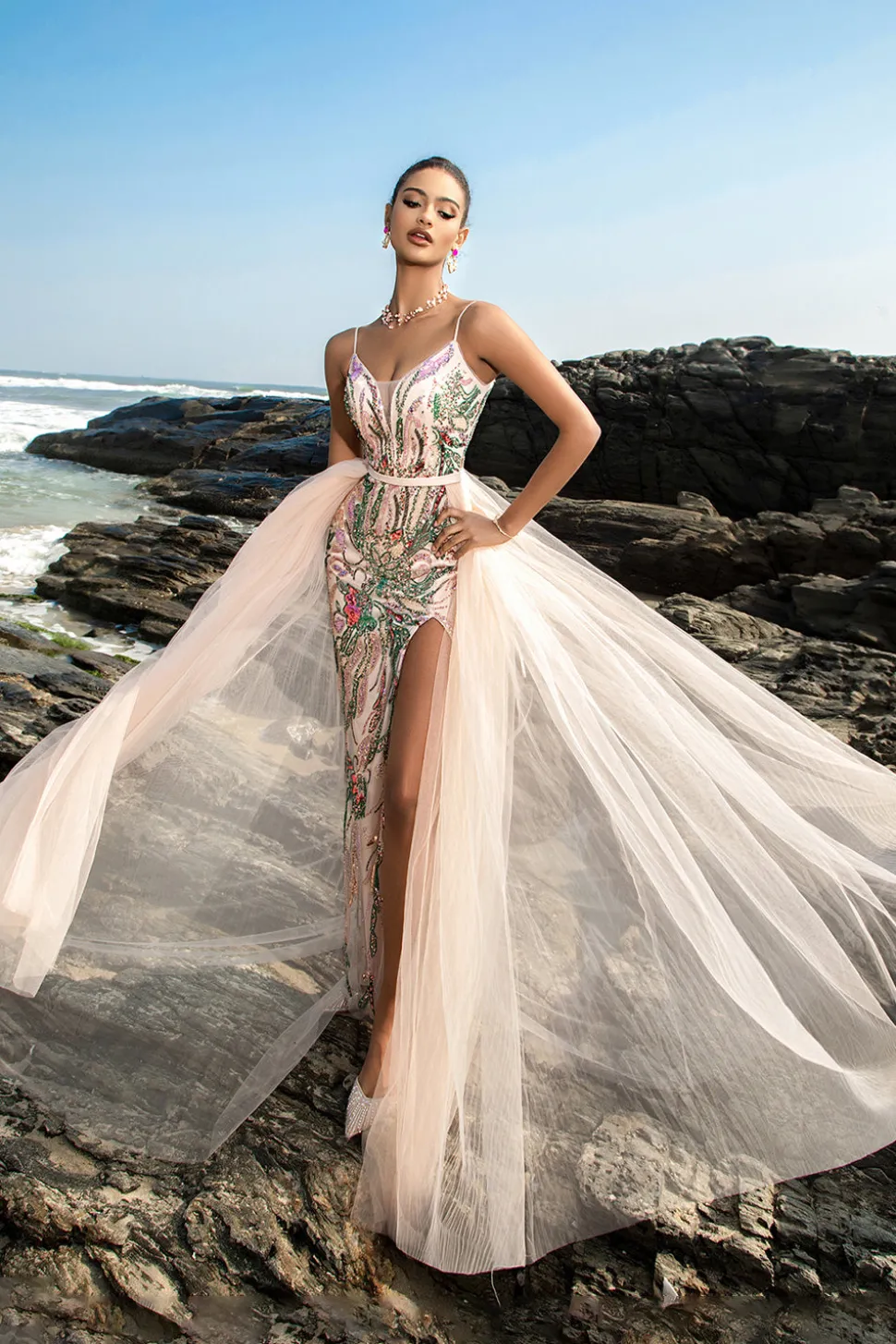 Sparkly Blush Esparguete Correias Sereia Vestido de Noite com Cabo