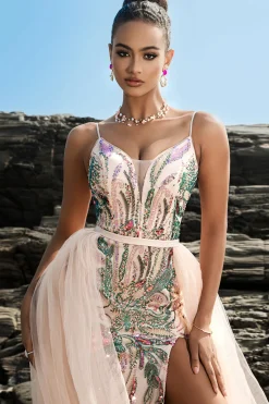 Sparkly Blush Esparguete Correias Sereia Vestido de Noite com Cabo