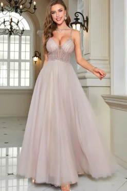 Sparkly Blush frisado A-Line Long Formal Dress