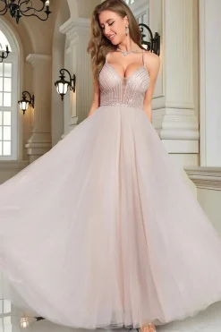 Sparkly Blush frisado A-Line Long Formal Dress