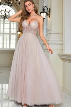 Sparkly Blush frisado A-Line Long Formal Dress