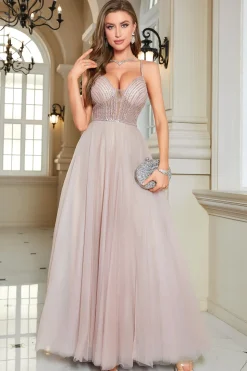 Sparkly Blush frisado A-Line Long Formal Dress