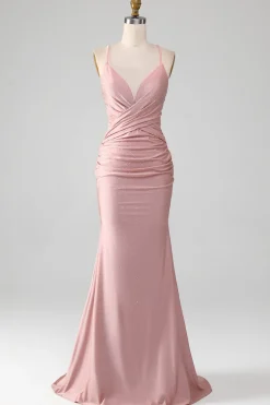 Sparkly Blush frisado longo vestido de baile de formatura sereia