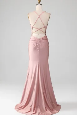 Sparkly Blush frisado longo vestido de baile de formatura sereia