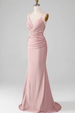 Sparkly Blush frisado longo vestido de baile de formatura sereia
