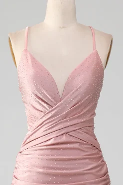Sparkly Blush frisado longo vestido de baile de formatura sereia