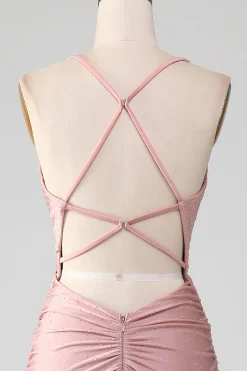 Sparkly Blush frisado longo vestido de baile de formatura sereia