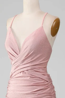 Sparkly Blush frisado longo vestido de baile de formatura sereia