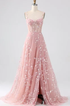 Sparkly Blush Uma Linha Esparguete Correias Sequin Corset Prom Dress Com Fenda