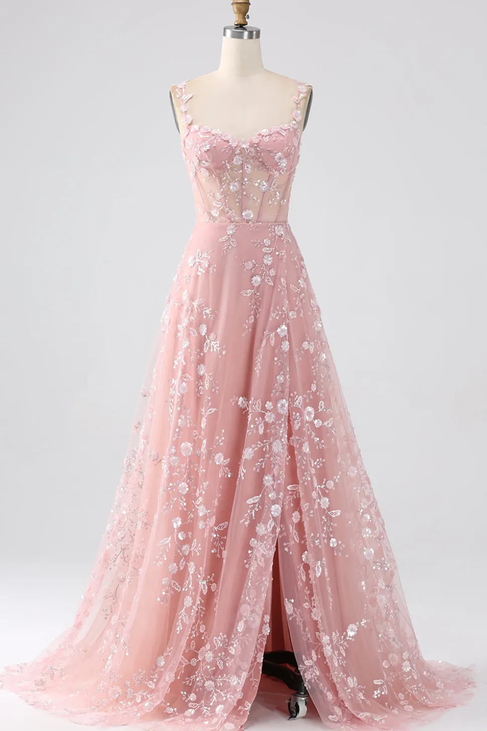 Sparkly Blush Uma Linha Esparguete Correias Sequin Corset Prom Dress Com Fenda
