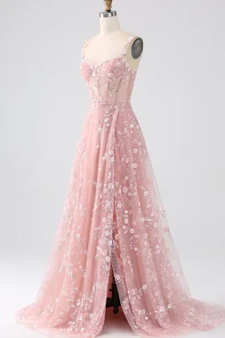 Sparkly Blush Uma Linha Esparguete Correias Sequin Corset Prom Dress Com Fenda