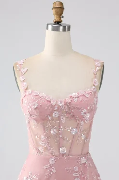 Sparkly Blush Uma Linha Esparguete Correias Sequin Corset Prom Dress Com Fenda