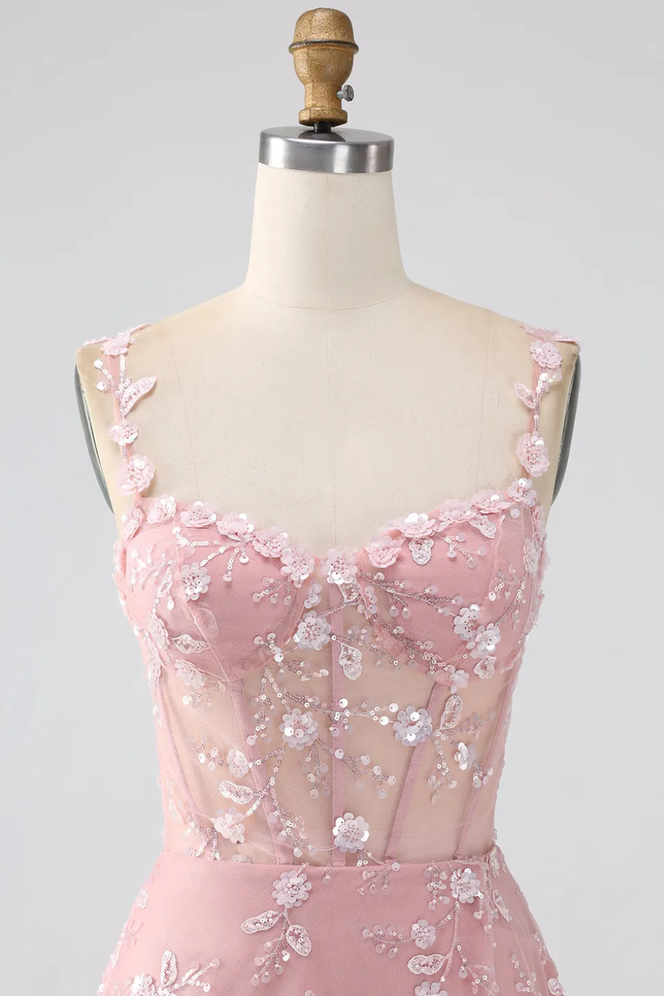 Sparkly Blush Uma Linha Esparguete Correias Sequin Corset Prom Dress Com Fenda
