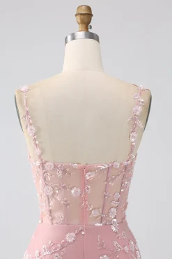 Sparkly Blush Uma Linha Esparguete Correias Sequin Corset Prom Dress Com Fenda