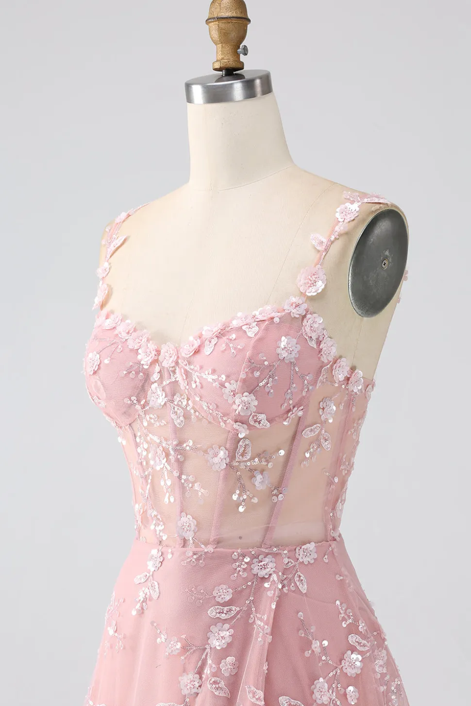 Sparkly Blush Uma Linha Esparguete Correias Sequin Corset Prom Dress Com Fenda