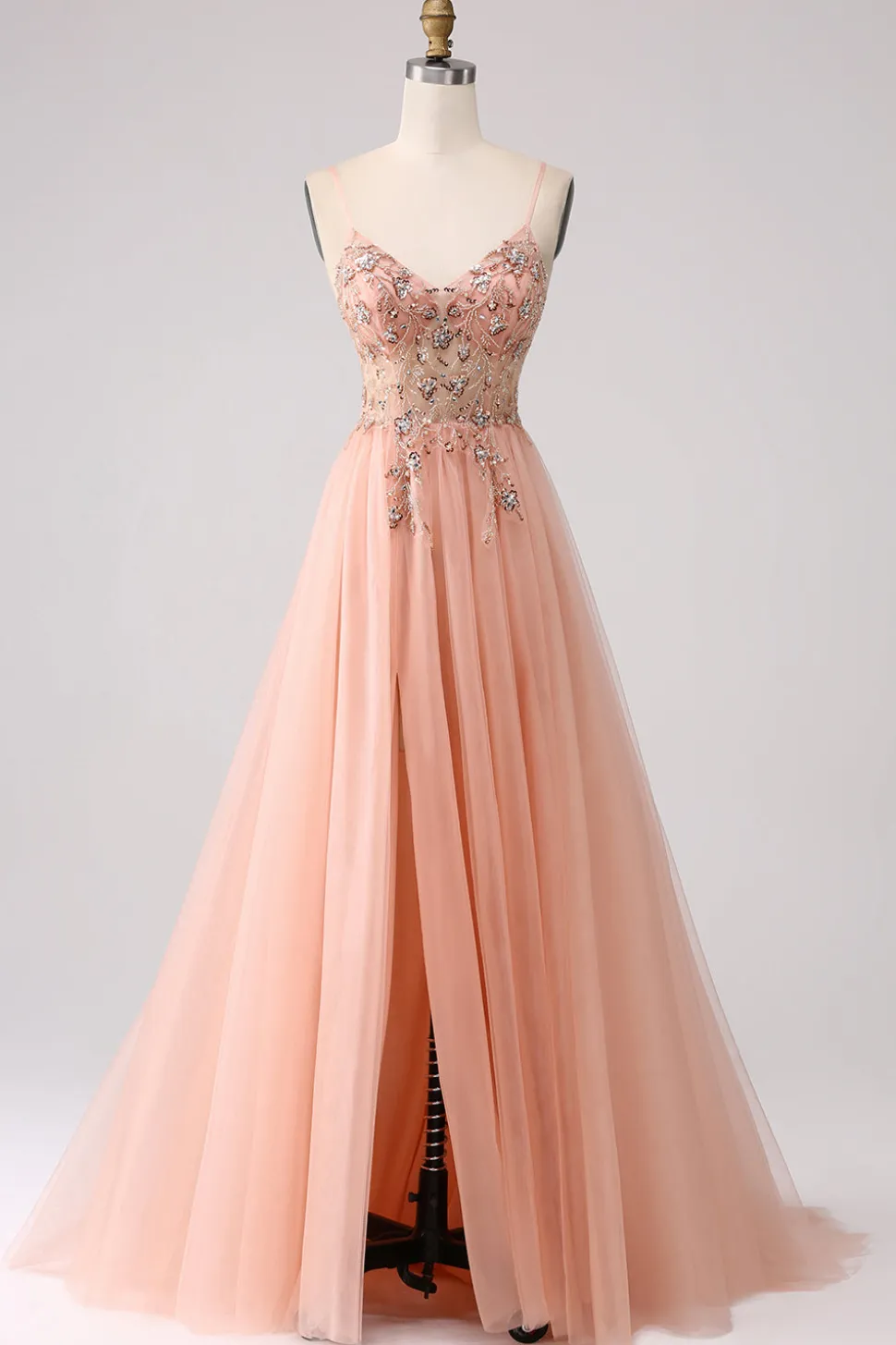 Sparkly Blush Uma Linha Sequins Esparguete Correias Longo Vestido de Baile Com Fenda