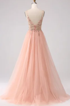 Sparkly Blush Uma Linha Sequins Esparguete Correias Longo Vestido de Baile Com Fenda