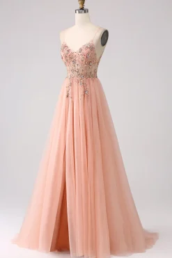 Sparkly Blush Uma Linha Sequins Esparguete Correias Longo Vestido de Baile Com Fenda