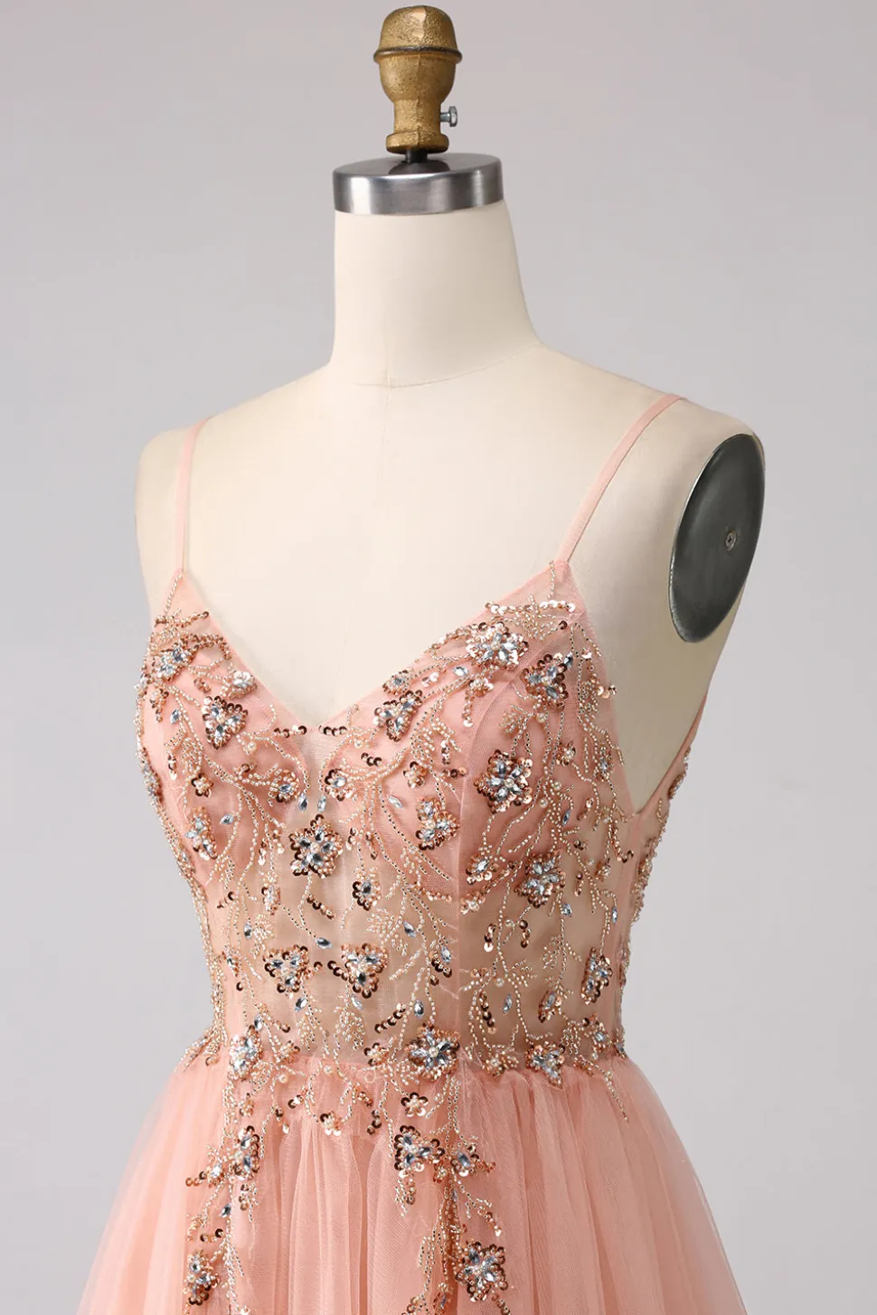 Sparkly Blush Uma Linha Sequins Esparguete Correias Longo Vestido de Baile Com Fenda