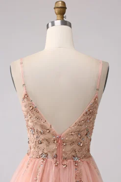 Sparkly Blush Uma Linha Sequins Esparguete Correias Longo Vestido de Baile Com Fenda