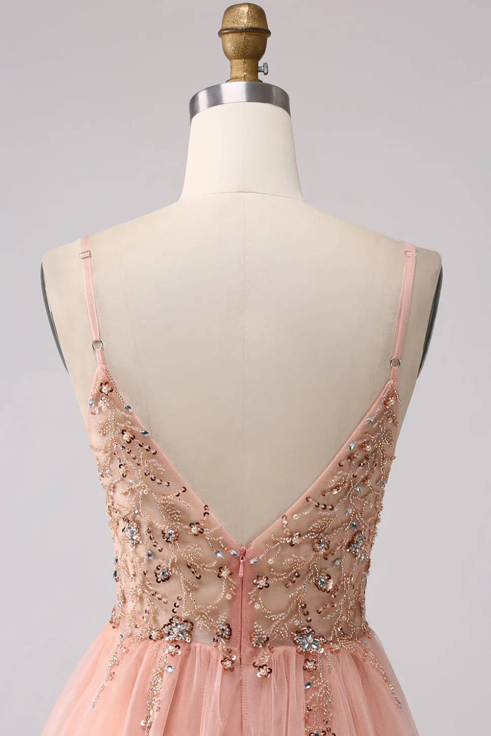 Sparkly Blush Uma Linha Sequins Esparguete Correias Longo Vestido de Baile Com Fenda