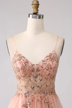Sparkly Blush Uma Linha Sequins Esparguete Correias Longo Vestido de Baile Com Fenda