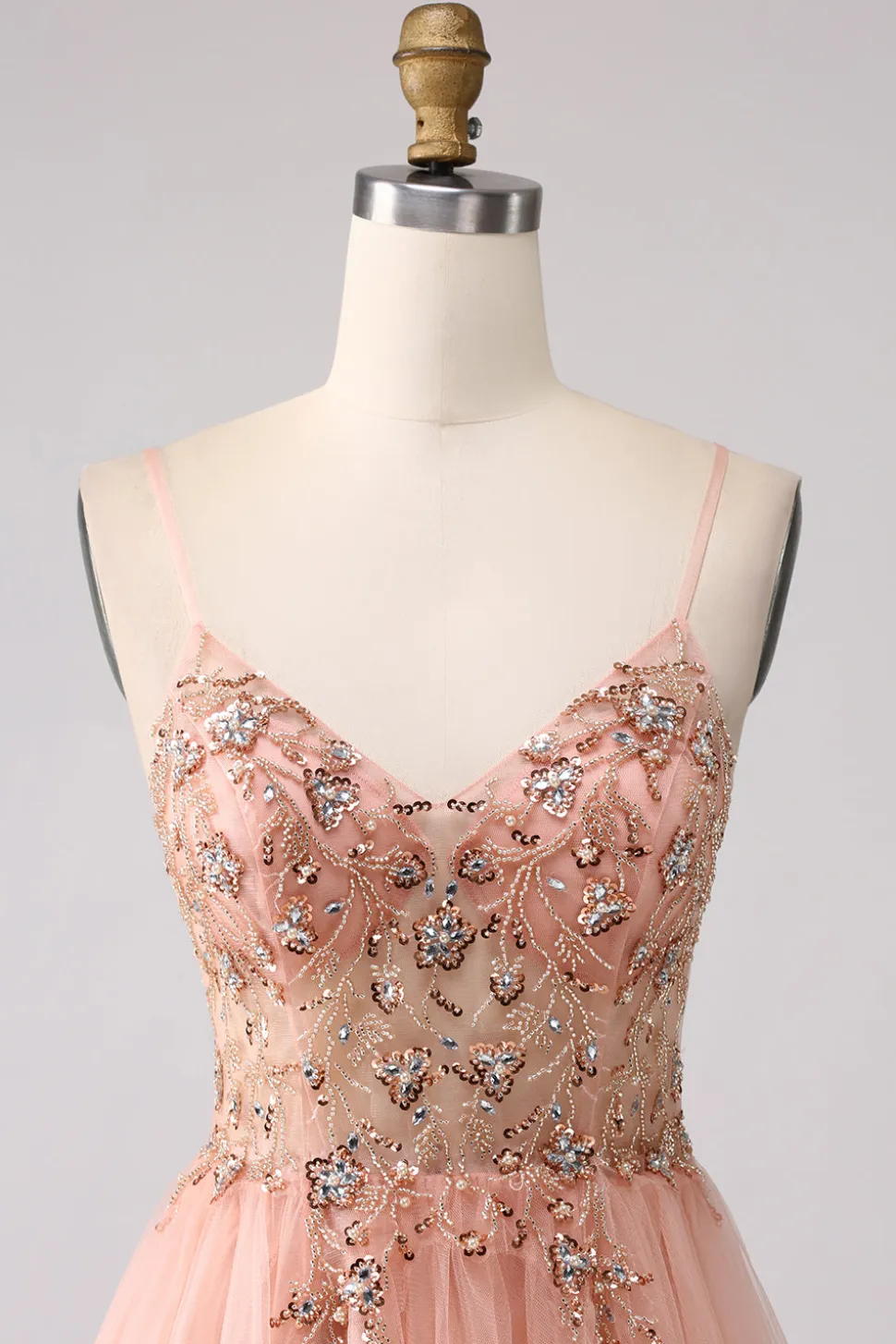 Sparkly Blush Uma Linha Sequins Esparguete Correias Longo Vestido de Baile Com Fenda