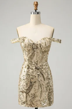 Sparkly Bodycon dourado fora do ombro Homecoming Dress com Sequins