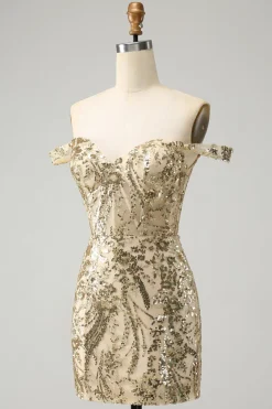Sparkly Bodycon dourado fora do ombro Homecoming Dress com Sequins