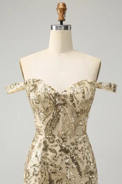Sparkly Bodycon dourado fora do ombro Homecoming Dress com Sequins