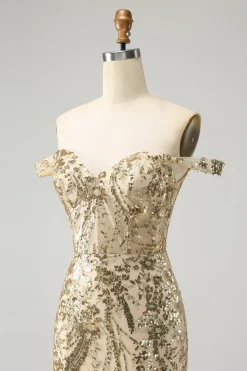 Sparkly Bodycon dourado fora do ombro Homecoming Dress com Sequins