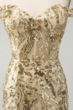 Sparkly Bodycon dourado fora do ombro Homecoming Dress com Sequins