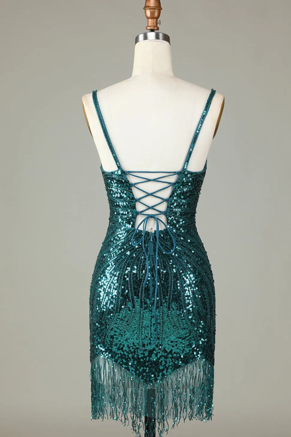 Sparkly Bodycon Esparguete Correias Green Lace-Up Back Short Homecoming Dress com Missangas