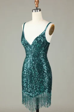 Sparkly Bodycon Esparguete Correias Green Lace-Up Back Short Homecoming Dress com Missangas