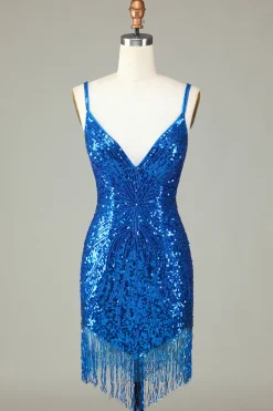 Sparkly Bodycon Esparguete Correias Blue Sequins Short Homecoming Dress com Tassel