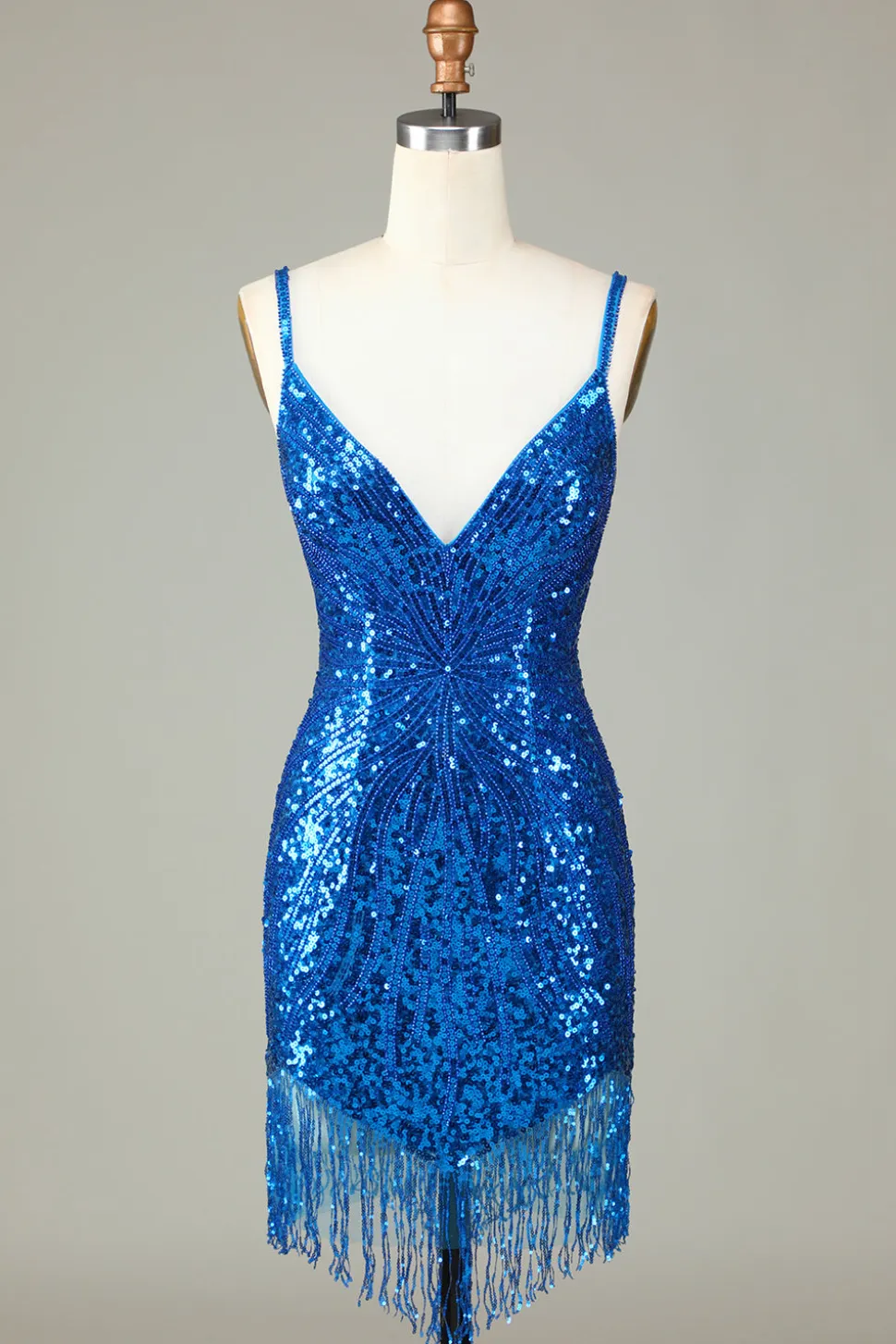 Sparkly Bodycon Esparguete Correias Blue Sequins Short Homecoming Dress com Tassel