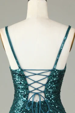 Sparkly Bodycon Esparguete Correias Blue Sequins Short Homecoming Dress com Tassel