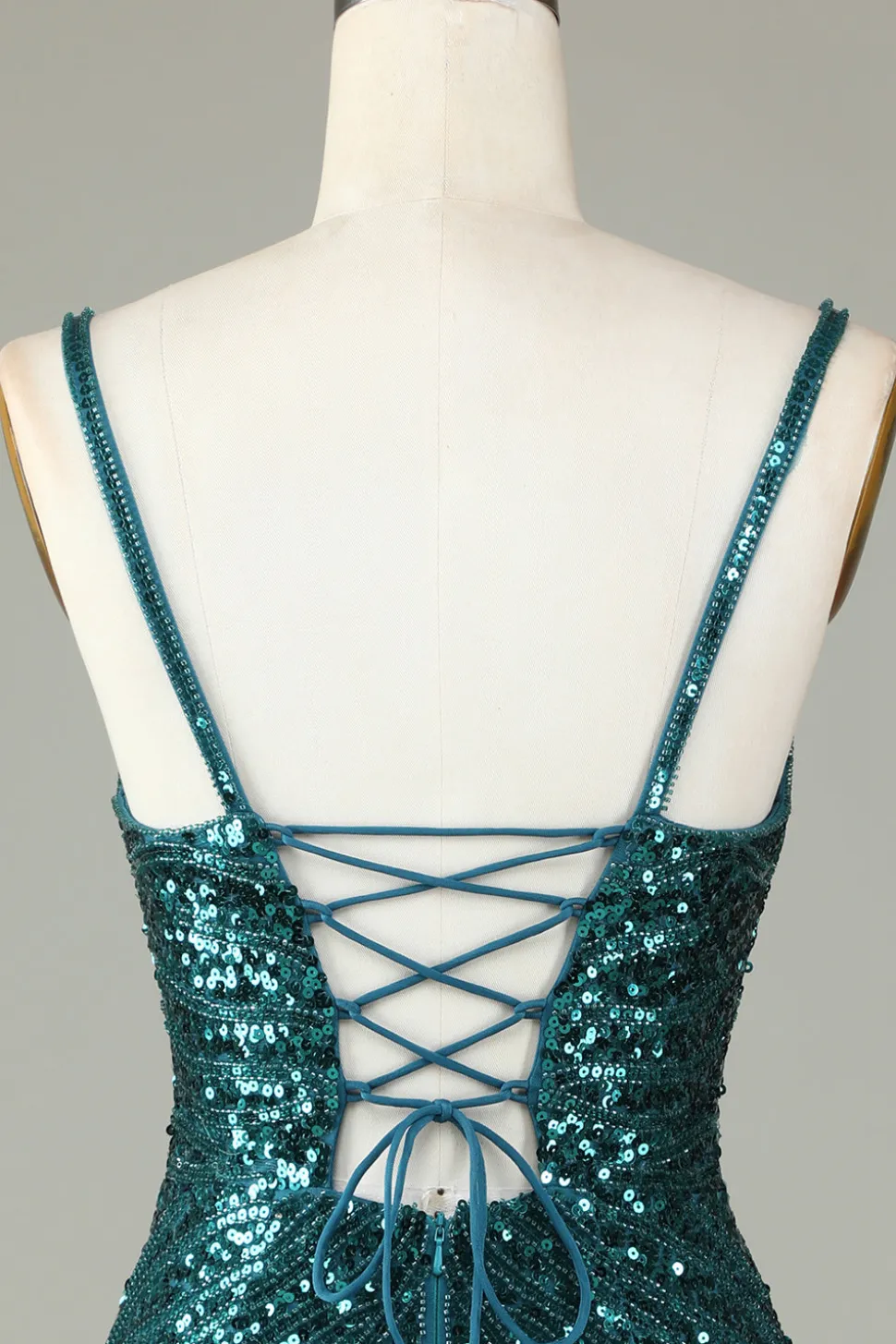 Sparkly Bodycon Esparguete Correias Blue Sequins Short Homecoming Dress com Tassel