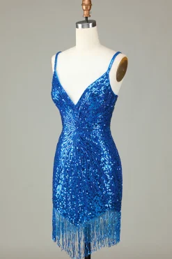 Sparkly Bodycon Esparguete Correias Blue Sequins Short Homecoming Dress com Tassel