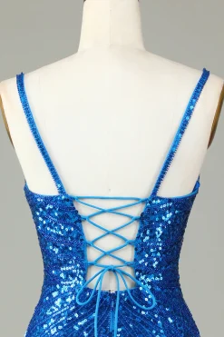 Sparkly Bodycon Esparguete Correias Blue Sequins Short Homecoming Dress com Tassel