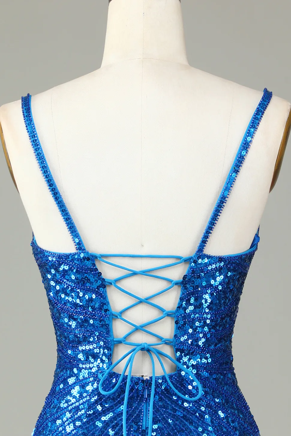 Sparkly Bodycon Esparguete Correias Blue Sequins Short Homecoming Dress com Tassel