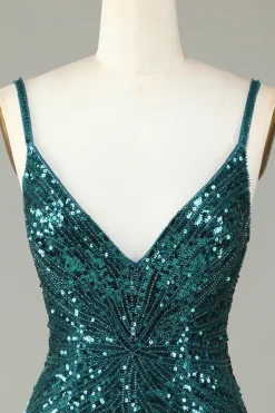 Sparkly Bodycon Esparguete Correias Blue Sequins Short Homecoming Dress com Tassel
