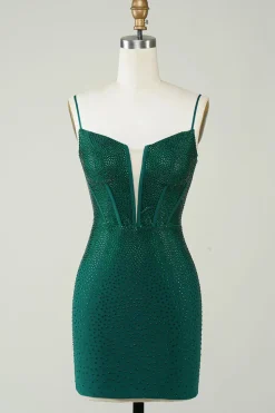 Sparkly Bodycon Esparguete Correias Verde Escuro Vestido Curto Homecoming com Missangas