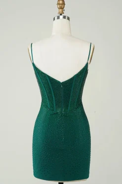 Sparkly Bodycon Esparguete Correias Verde Escuro Vestido Curto Homecoming com Missangas