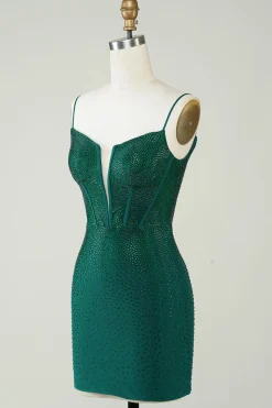 Sparkly Bodycon Esparguete Correias Verde Escuro Vestido Curto Homecoming com Missangas